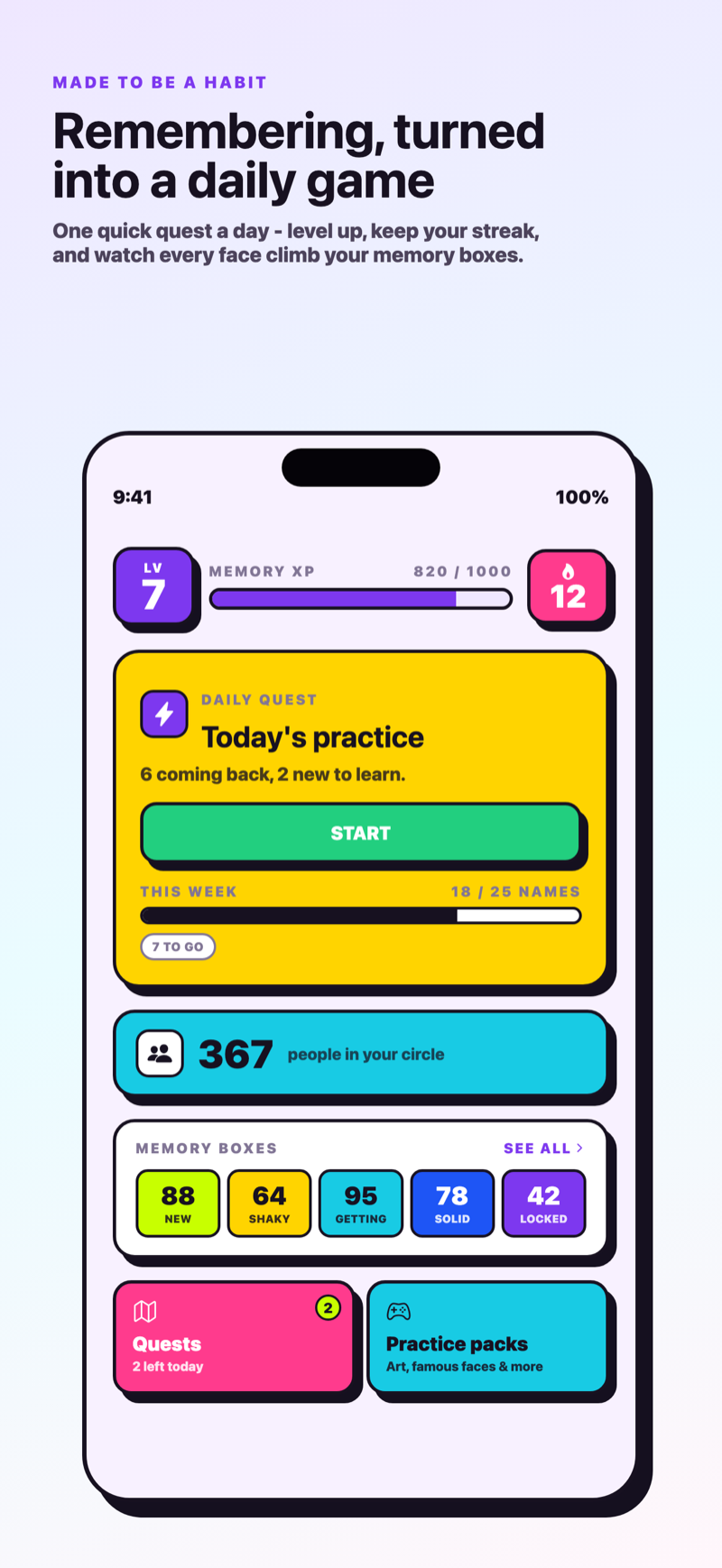 Namefinity's home screen, showing today's names to practise.