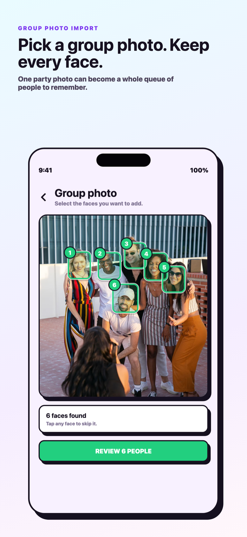 A group photo with each face detected and selectable to become a separate person.