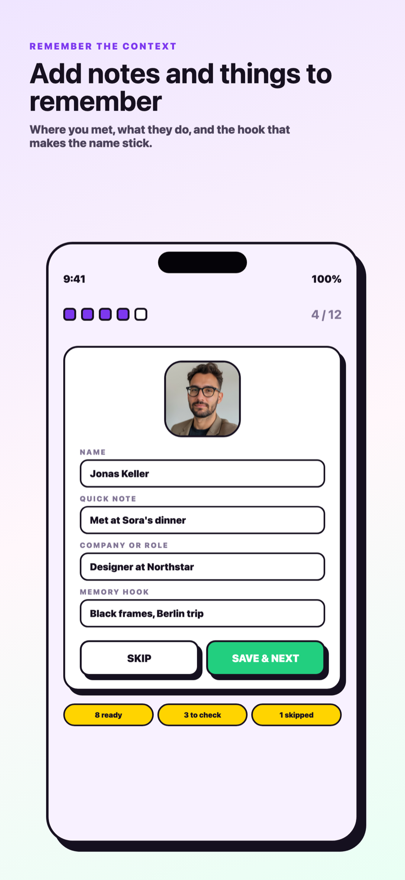 A person's form with notes about where you met and what they do.