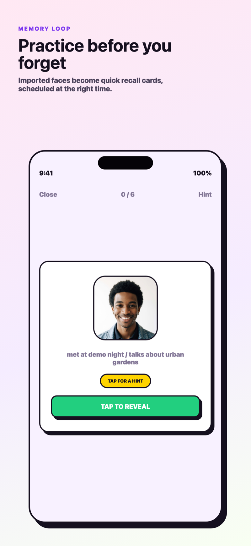 Practise two minutes a day — Namefinity screen