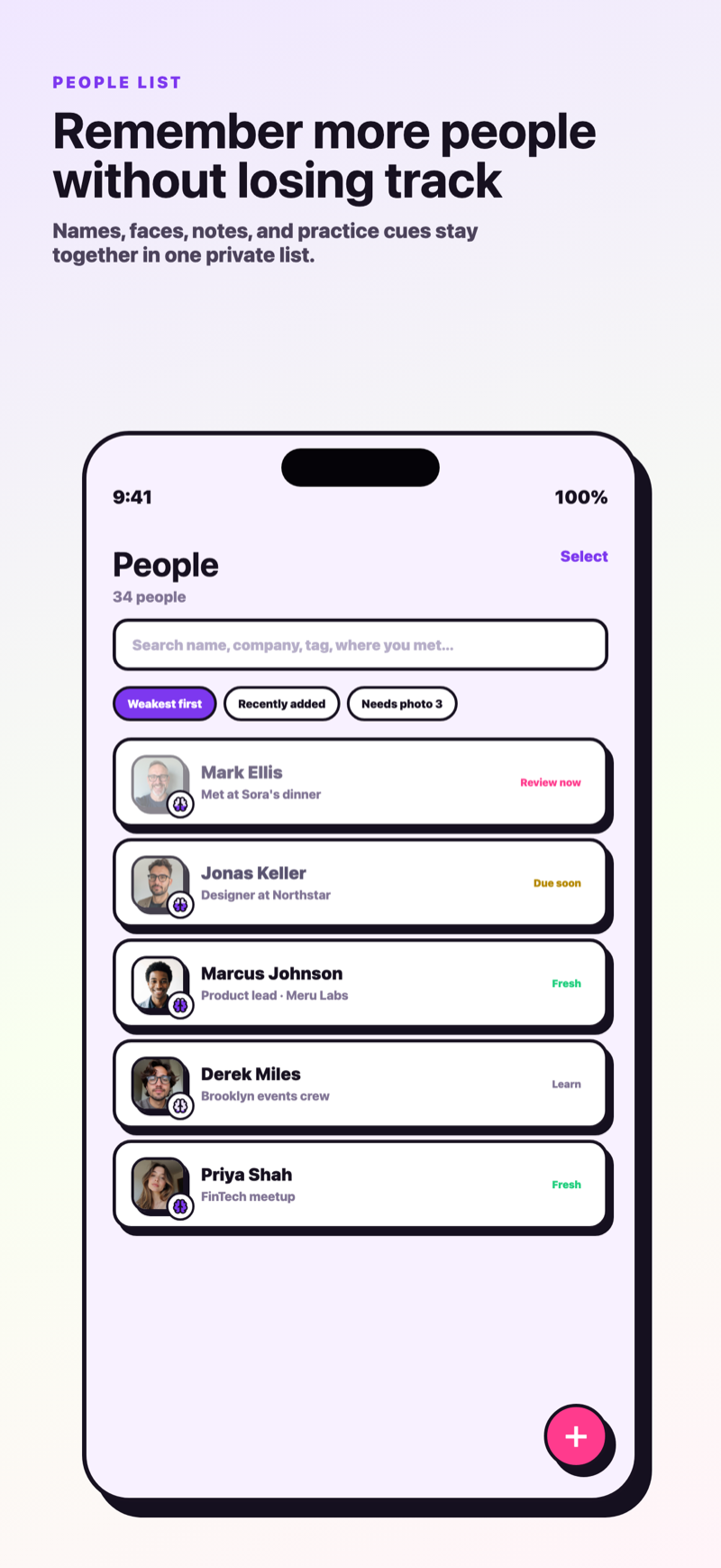 The people list showing names, faces and notes together.