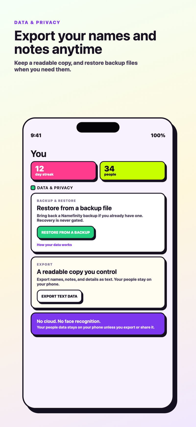 The data and privacy screen with export and restore options.